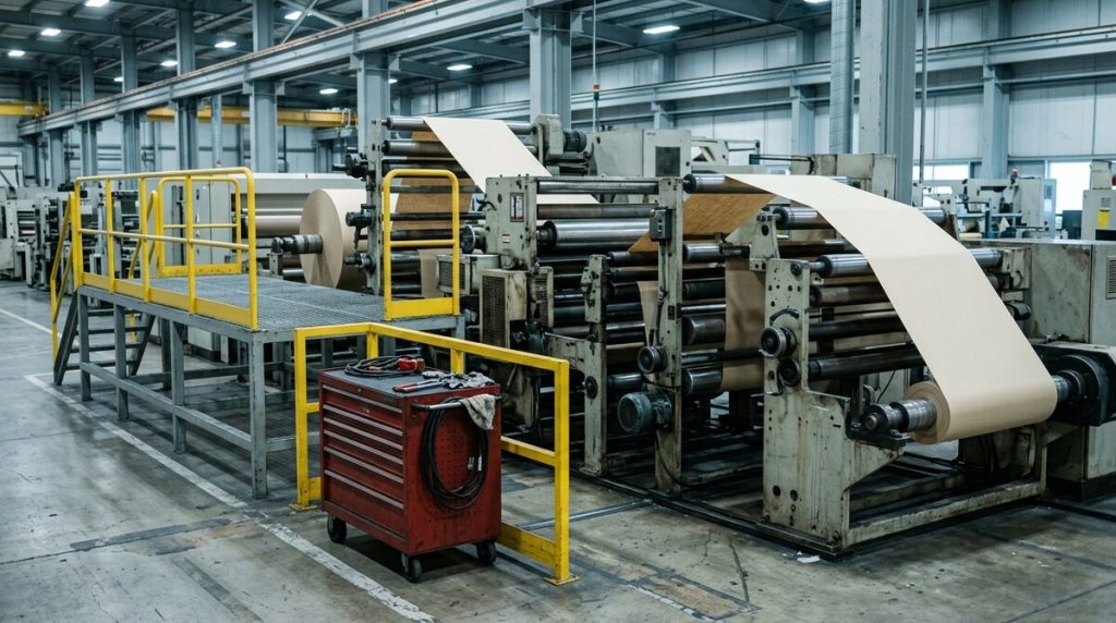 Web converting line stopped mid-run, paper web still threaded through the rollers, the maintenance platform empty and a...
