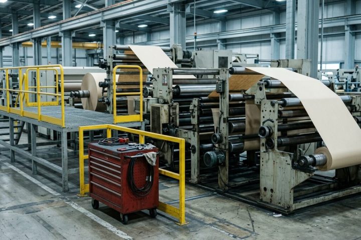 Web converting line stopped mid-run, paper web still threaded through the rollers, the maintenance platform empty and a...