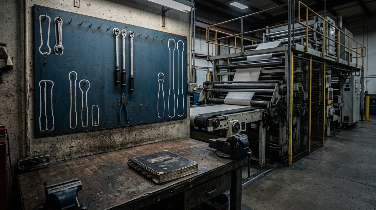Maintenance workbench beside a converting line: torque wrenches on a shadow board with two outlines conspicuously empty,...