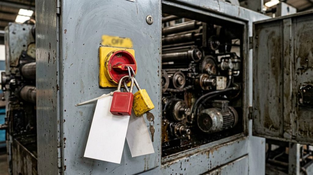 Lockout/tagout padlocks and blank tags clipped to the isolation switch of an older converting machine, guard panel open...
