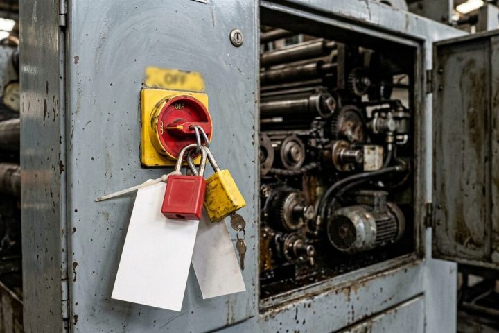 Lockout/tagout padlocks and blank tags clipped to the isolation switch of an older converting machine, guard panel open...