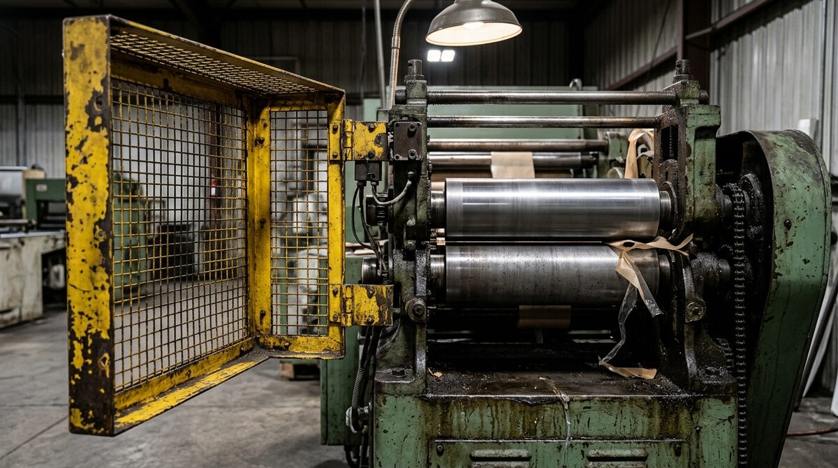 Nip point on a legacy converting machine with the interlocked guard swung open, the roller gap clearly visible