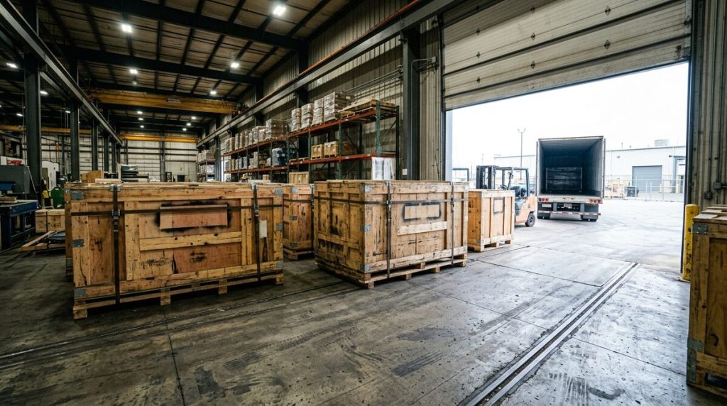 Crated converting machinery in a receiving bay, heavy timber crates with steel banding and blank stencil panels, roller...