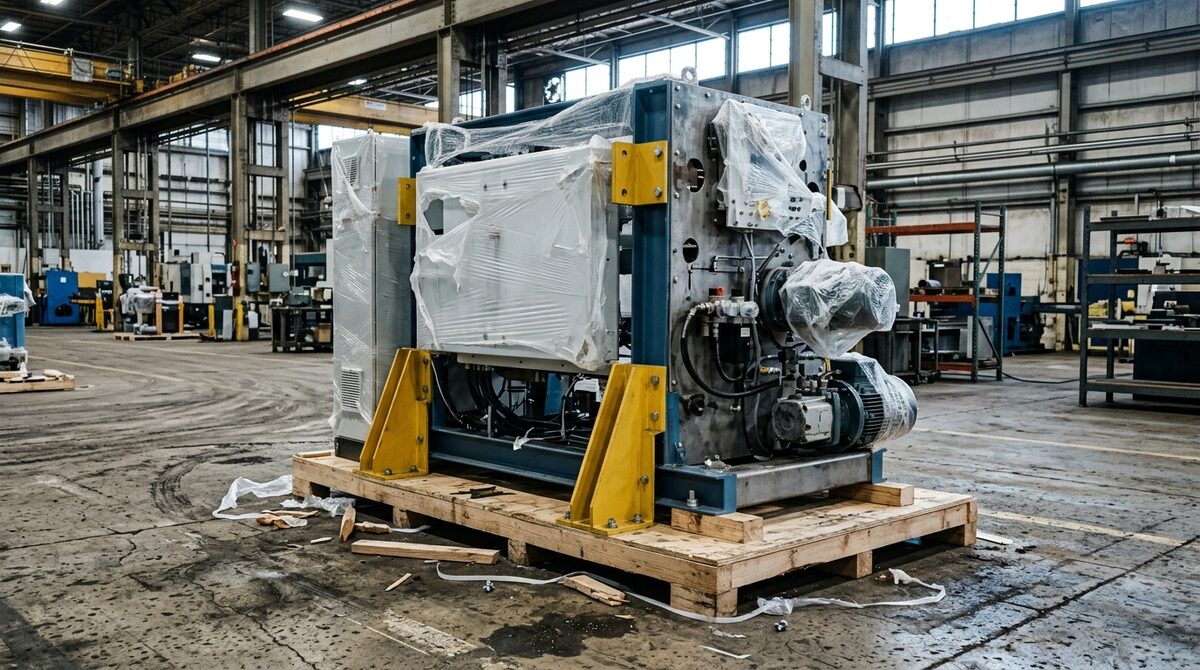 Partially uncrated machine section on the plant floor, protective film still on the panels and shipping brackets bolted...