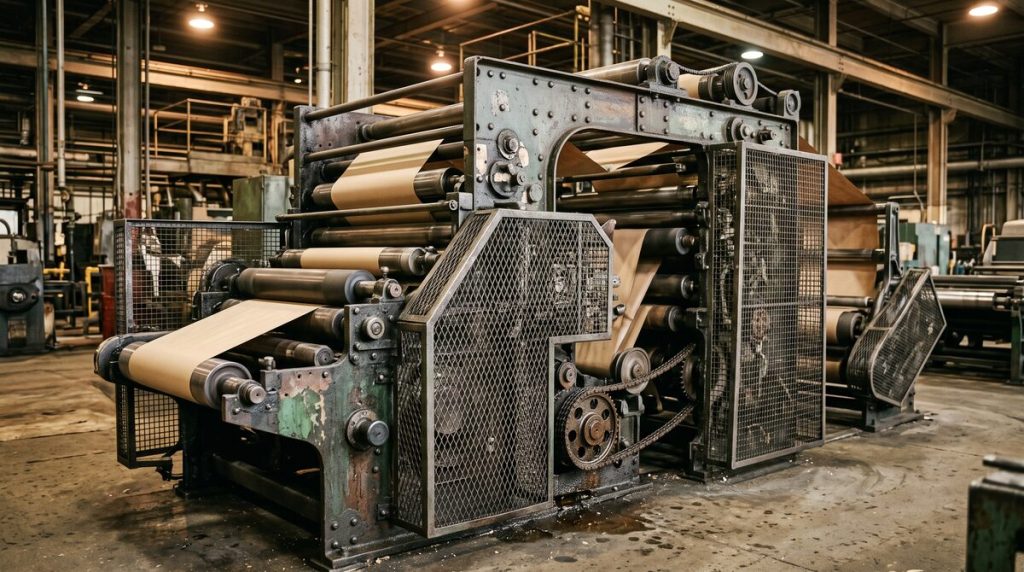 Older web converting machine on a plant floor, rollers and drive guards visible, the machine clearly of an earlier...