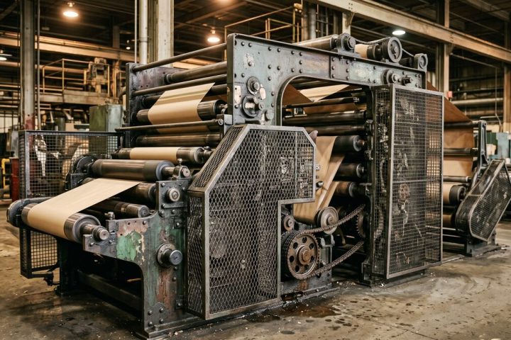 Older web converting machine on a plant floor, rollers and drive guards visible, the machine clearly of an earlier...