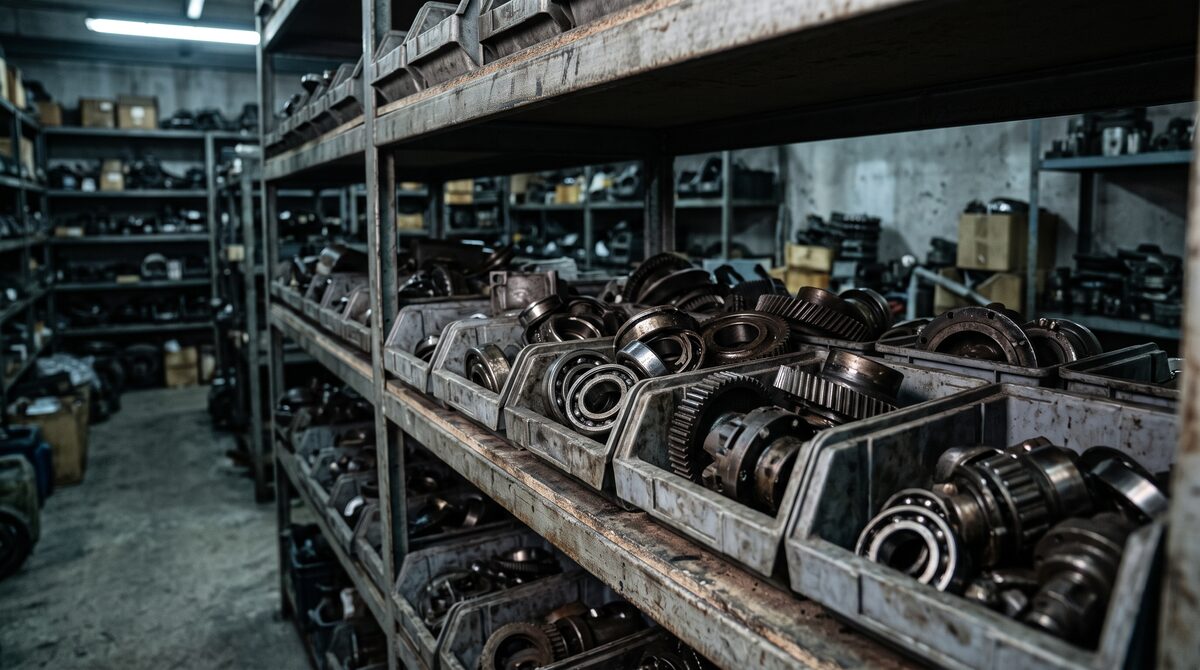 Shelf of obsolete machine spare parts in a maintenance crib, bearings, gears and drive couplings in unlabelled bins, cool...