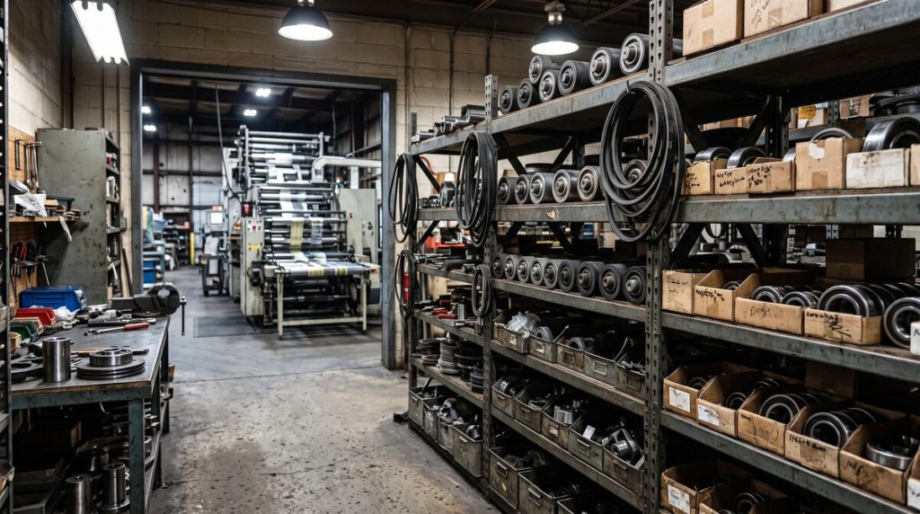 Maintenance parts store beside a converting line, shelving racked with spare rollers, belts and bearings, the production...