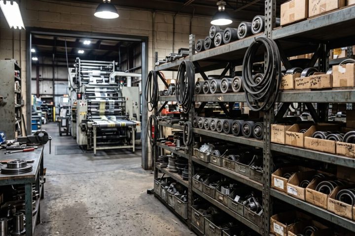 Maintenance parts store beside a converting line, shelving racked with spare rollers, belts and bearings, the production...