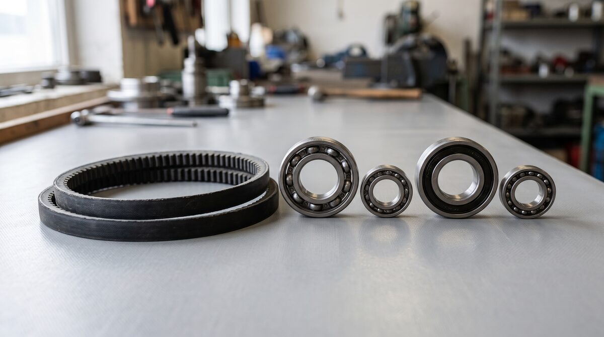 Close detail of a spare drive belt and set of bearings laid out on a workbench ready for a planned changeover, clean...