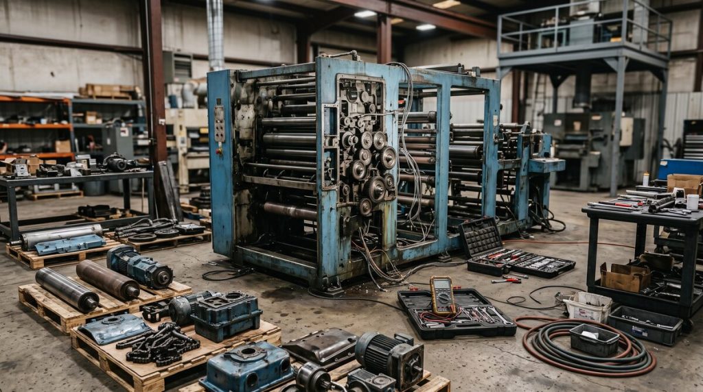 Converting machine partially stripped for rebuild, guards removed and sub-assemblies laid out on the floor around it,...