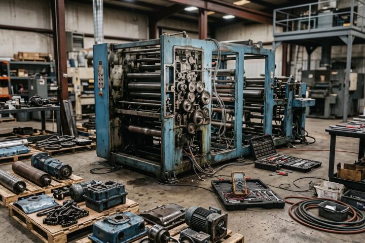 Converting machine partially stripped for rebuild, guards removed and sub-assemblies laid out on the floor around it,...