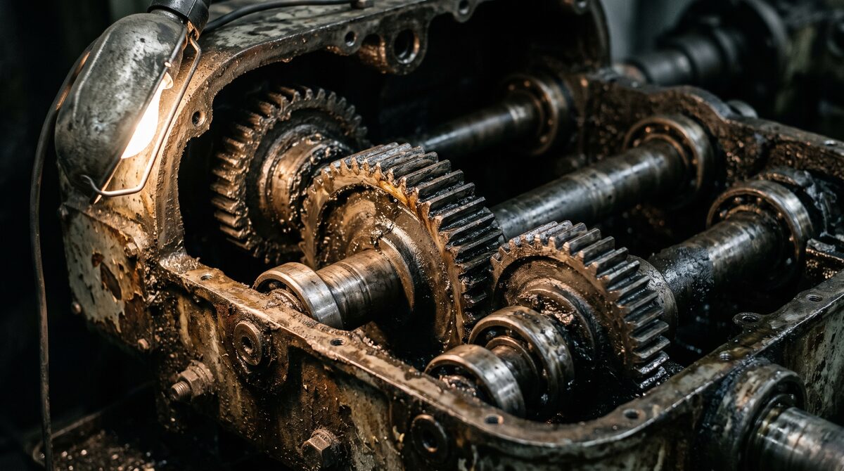 A worn gear train inside an opened machine housing, tooth wear and old grease visible, single directional work light